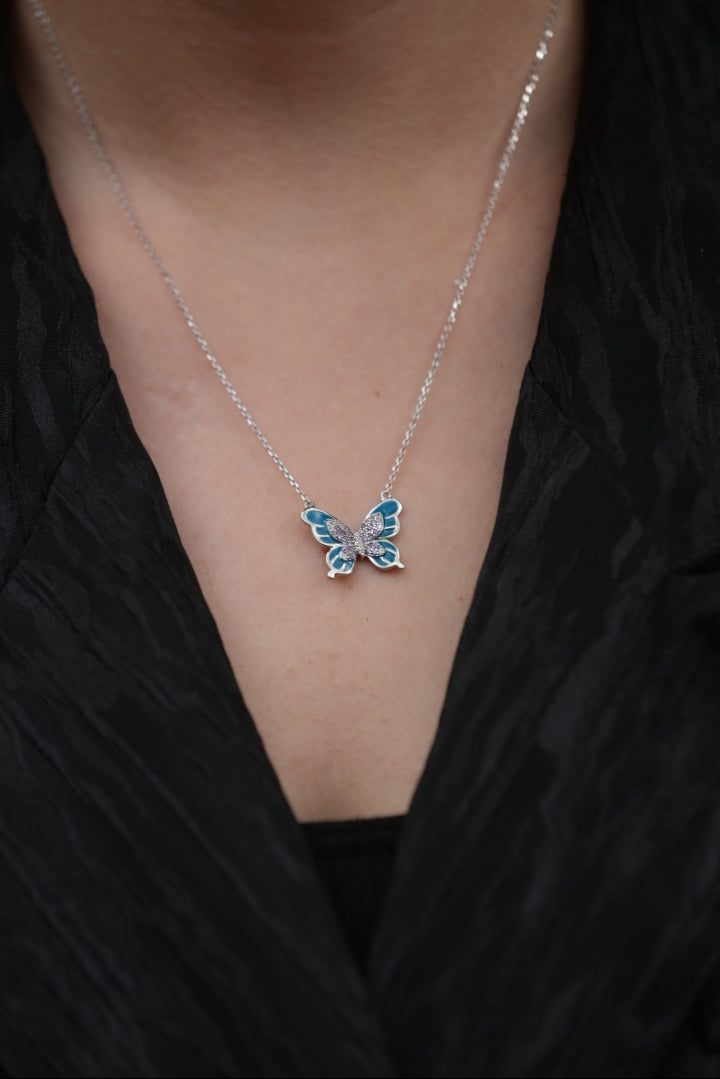 Blue Butterfly, Zirconia, 925 Sterling Silver Necklace